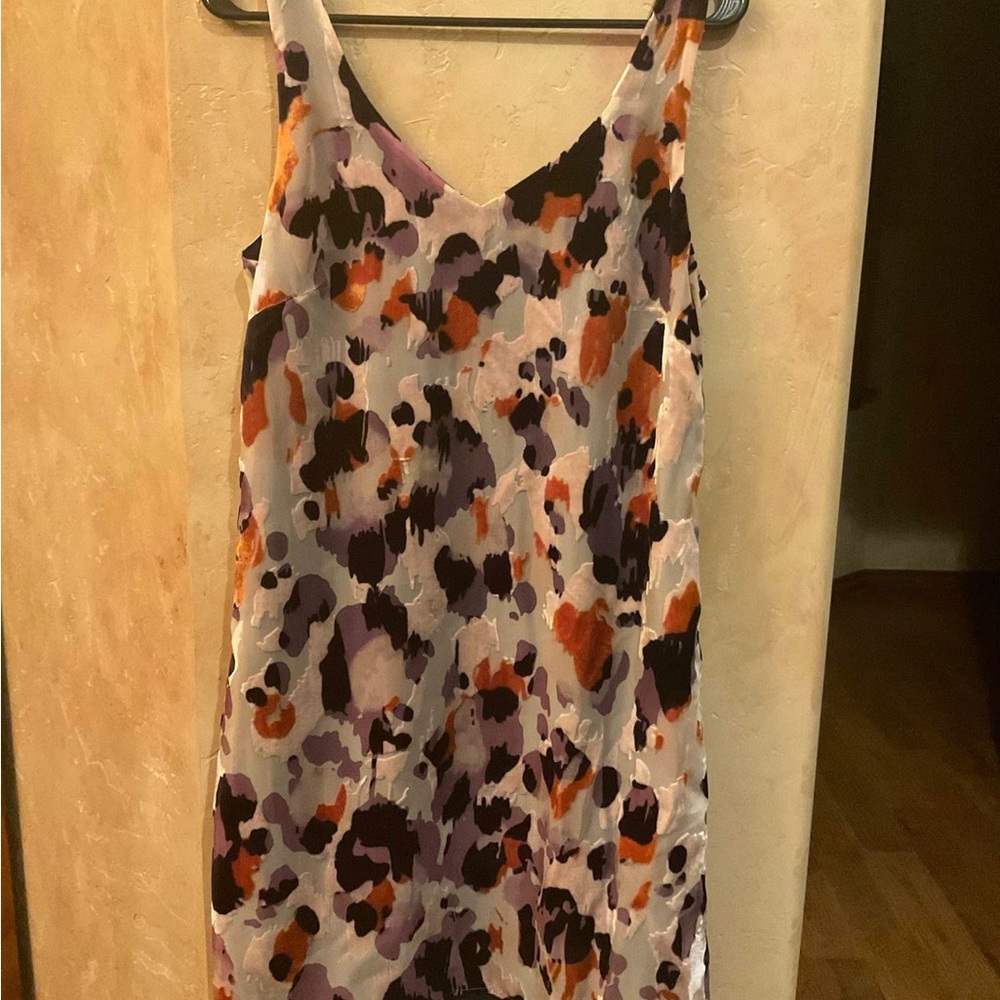 CAbi Sleeveless Mini Dress in Lavender, Black & Orange Abstract Print